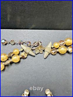 VNTG Vendome Faux Pearl Gold Crystal Rhinestone Art Glass Necklace Earring Set