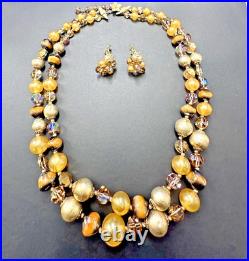 VNTG Vendome Faux Pearl Gold Crystal Rhinestone Art Glass Necklace Earring Set