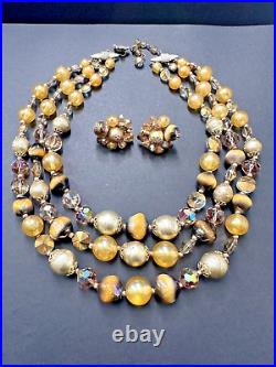 VNTG Vendome Faux Pearl Gold Crystal Rhinestone Art Glass Necklace Earring Set