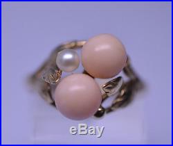 VTG 14K YELLOW GOLD ANGEL SKIN CORAL RING With SMALL PEARL IN LEAF SETTING SIZE 8
