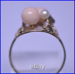 VTG 14K YELLOW GOLD ANGEL SKIN CORAL RING With SMALL PEARL IN LEAF SETTING SIZE 8