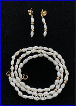 VTG 14K Yellow Gold Cultured Baroque Pearl 17 Necklace & 1.25 Earrings Set
