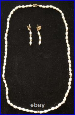 VTG 14K Yellow Gold Cultured Baroque Pearl 17 Necklace & 1.25 Earrings Set