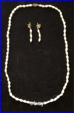 VTG 14K Yellow Gold Cultured Baroque Pearl 17 Necklace & 1.25 Earrings Set
