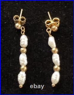VTG 14K Yellow Gold Cultured Baroque Pearl 17 Necklace & 1.25 Earrings Set