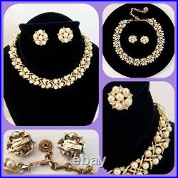 VTG 1950s 60s Lisner Pearl & Rhinestone Necklace Earrings Set Textured Gold VGUC