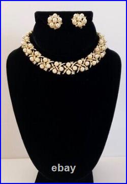 VTG 1950s 60s Lisner Pearl & Rhinestone Necklace Earrings Set Textured Gold VGUC