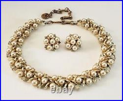 VTG 1950s 60s Lisner Pearl & Rhinestone Necklace Earrings Set Textured Gold VGUC