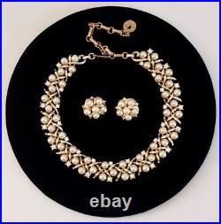 VTG 1950s 60s Lisner Pearl & Rhinestone Necklace Earrings Set Textured Gold VGUC