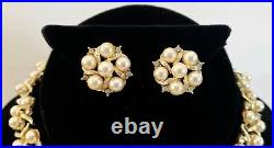 VTG 1950s 60s Lisner Pearl & Rhinestone Necklace Earrings Set Textured Gold VGUC