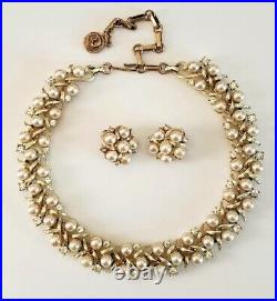 VTG 1950s 60s Lisner Pearl & Rhinestone Necklace Earrings Set Textured Gold VGUC