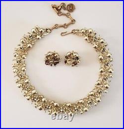 VTG 1950s 60s Lisner Pearl & Rhinestone Necklace Earrings Set Textured Gold VGUC