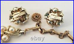 VTG 1950s 60s Lisner Pearl & Rhinestone Necklace Earrings Set Textured Gold VGUC