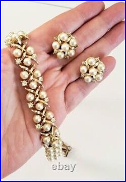 VTG 1950s 60s Lisner Pearl & Rhinestone Necklace Earrings Set Textured Gold VGUC