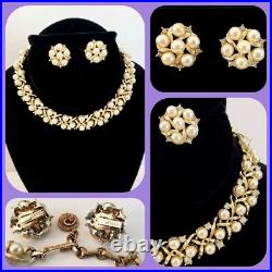 VTG 1950s 60s Lisner Pearl & Rhinestone Necklace Earrings Set Textured Gold VGUC