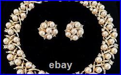 VTG 1950s 60s Lisner Pearl & Rhinestone Necklace Earrings Set Textured Gold VGUC