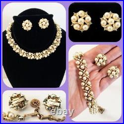 VTG 1950s 60s Lisner Pearl & Rhinestone Necklace Earrings Set Textured Gold VGUC