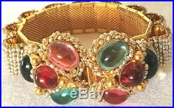 VTG 1972 DELILLO Bracelet/ Earring Set Seed Pearl/ Glass Cabochons/ Gold Metal