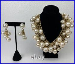 VTG Arnold Scaasi Faux Pearl Necklace Earring Set Statement Large Gold Tone