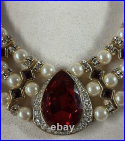 VTG CRAFT Signed Gold Tone Pearl/ Ruby Red Crystal Necklace & Earrings Set