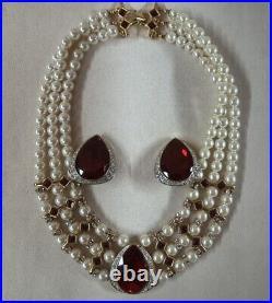 VTG CRAFT Signed Gold Tone Pearl/ Ruby Red Crystal Necklace & Earrings Set