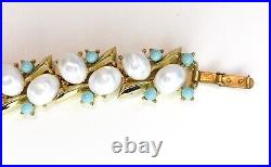 VTG Crown Trifari Pearl & Turquoise Cabochons Gold Tone Bracelet & Earrings Set