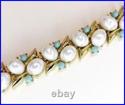 VTG Crown Trifari Pearl & Turquoise Cabochons Gold Tone Bracelet & Earrings Set