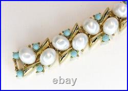 VTG Crown Trifari Pearl & Turquoise Cabochons Gold Tone Bracelet & Earrings Set