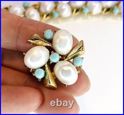 VTG Crown Trifari Pearl & Turquoise Cabochons Gold Tone Bracelet & Earrings Set