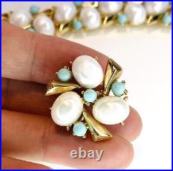 VTG Crown Trifari Pearl & Turquoise Cabochons Gold Tone Bracelet & Earrings Set