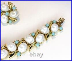 VTG Crown Trifari Pearl & Turquoise Cabochons Gold Tone Bracelet & Earrings Set