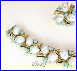 VTG Crown Trifari Pearl & Turquoise Cabochons Gold Tone Bracelet & Earrings Set