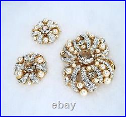 VTG Estate Beautiful Signed Swarovski Pearls Crystal Brooch Earring Bridal Set