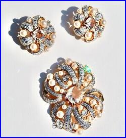 VTG Estate Beautiful Signed Swarovski Pearls Crystal Brooch Earring Bridal Set