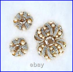 VTG Estate Beautiful Signed Swarovski Pearls Crystal Brooch Earring Bridal Set