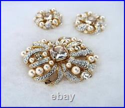 VTG Estate Beautiful Signed Swarovski Pearls Crystal Brooch Earring Bridal Set