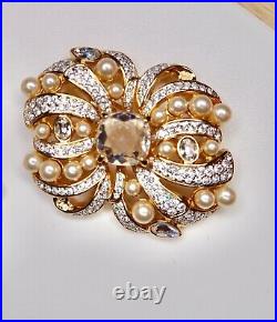 VTG Estate Beautiful Signed Swarovski Pearls Crystal Brooch Earring Bridal Set