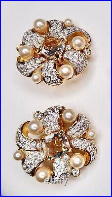 VTG Estate Beautiful Signed Swarovski Pearls Crystal Brooch Earring Bridal Set