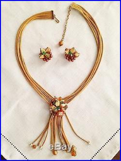 VTG Juliana For Hobe Gold Mesh Rhinestone Pearl Glass Necklace Earrings Set