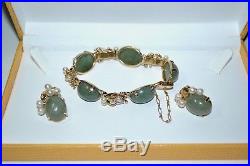 VTG Ming's Of Honolulu Hawaii Jade/Pearl 14K Solid Gold Bracelet/Earrings Set