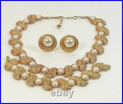 VTG TRIFARI Faux Pearl Textured Gold-Tone Swirl Necklace Bracelet Clip Earrings