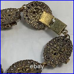 VTG West Germany Bracelet Brooch Jewelry Set Gold Filigree Faux Pearl Rhinestone