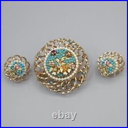 Vendome Faux Pearl Turquoise Bead Gold Tone Floral Cage Brooch & Clip Earrings