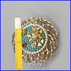 Vendome Faux Pearl Turquoise Bead Gold Tone Floral Cage Brooch & Clip Earrings