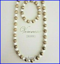 Veronese 925 Sterling Silver Bonded 18KGold Pearl/Gold Necklace withBracelet Set