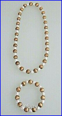 Veronese 925 Sterling Silver Bonded 18KGold Pearl/Gold Necklace withBracelet Set