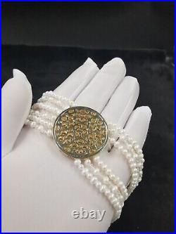 Very Long 18k Gold White Pearl Necklace Set Crystal Akoya Diamond Anniversary