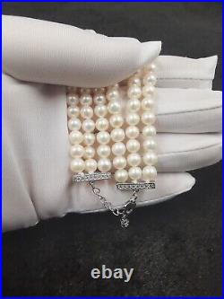 Very Long 18k Gold White Pearl Necklace Set Crystal Akoya Diamond Anniversary