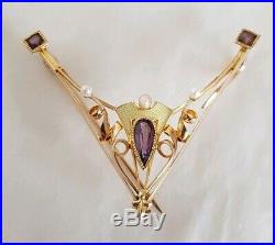 Victorian 10 ct yellow gold pendant / brooch. Amethyst & Pearls. Arts & Crafts