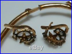 Victorian 10k 14k Pearl Ruby Gold Bangle Bracelet Earrings Set Crescent Moon
